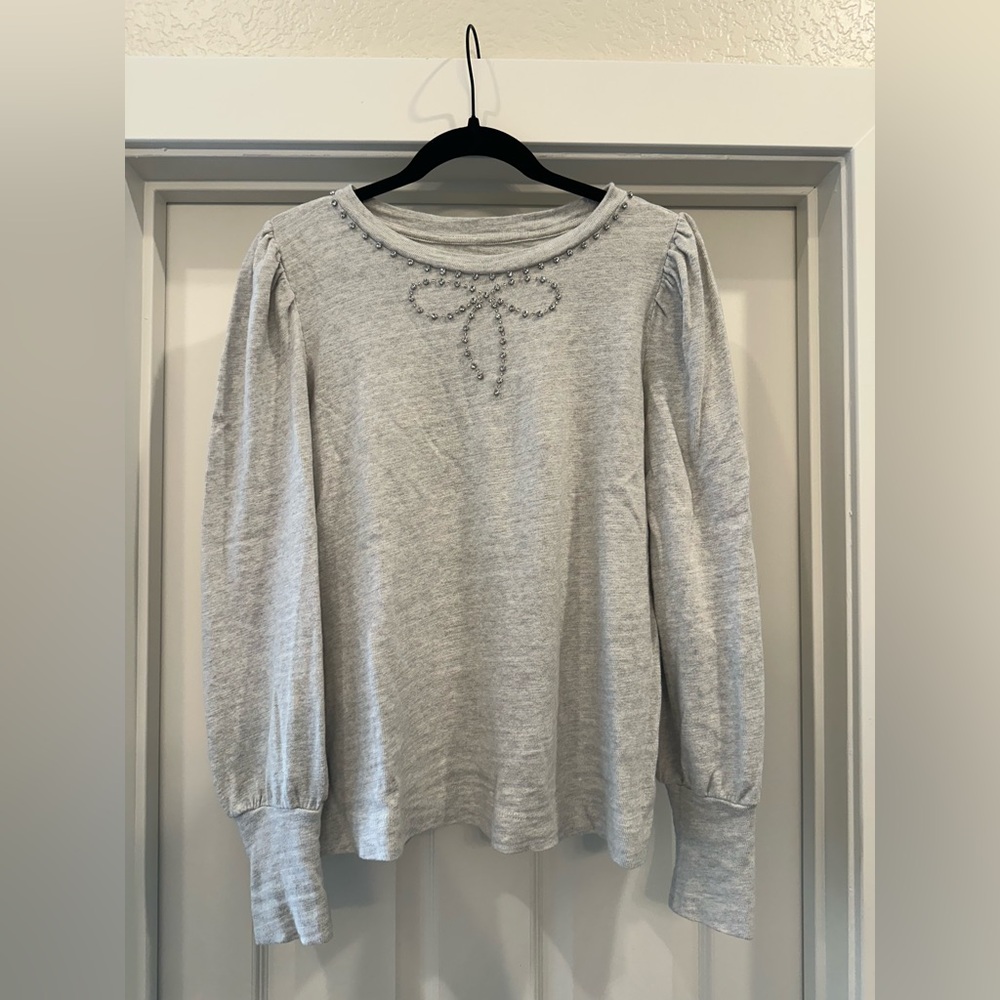 LOFT Gray Embellished Puff Sleeve Blouse